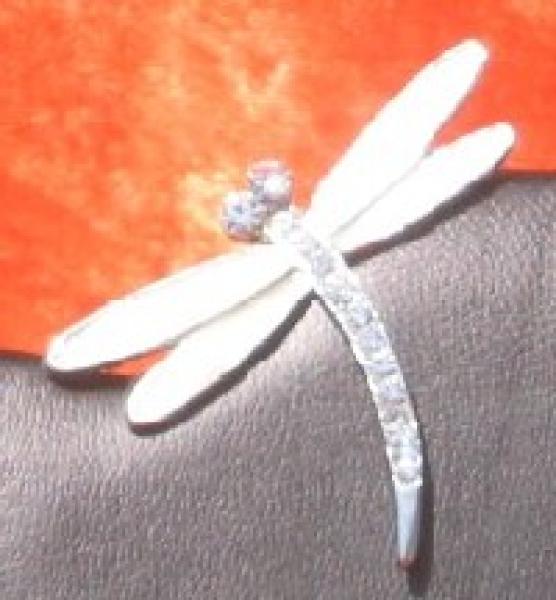 Brosche Libelle rhodiniert-emailliert weiß, mit Swarovski-Steinen